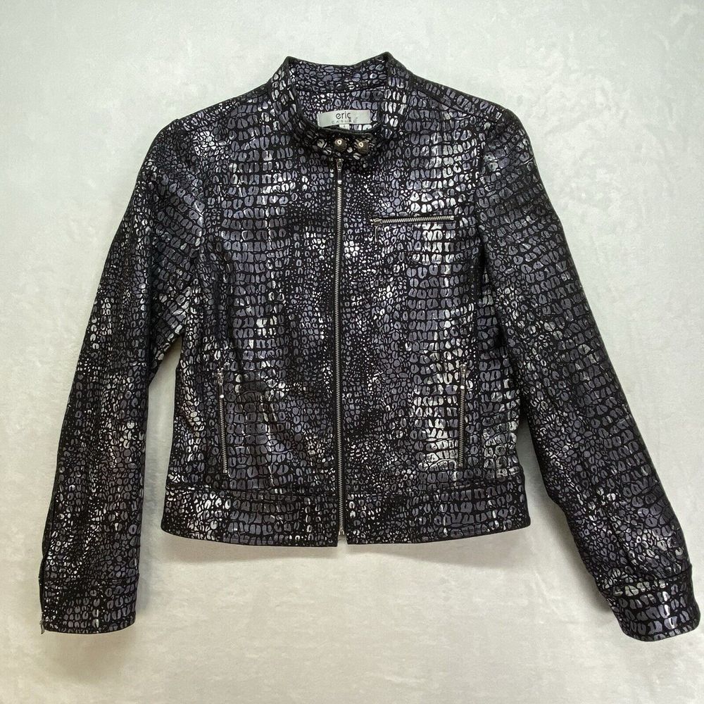 Erie Metallic‎ Croc Print Moto Jacket Full Zip Silver Black Women's 4